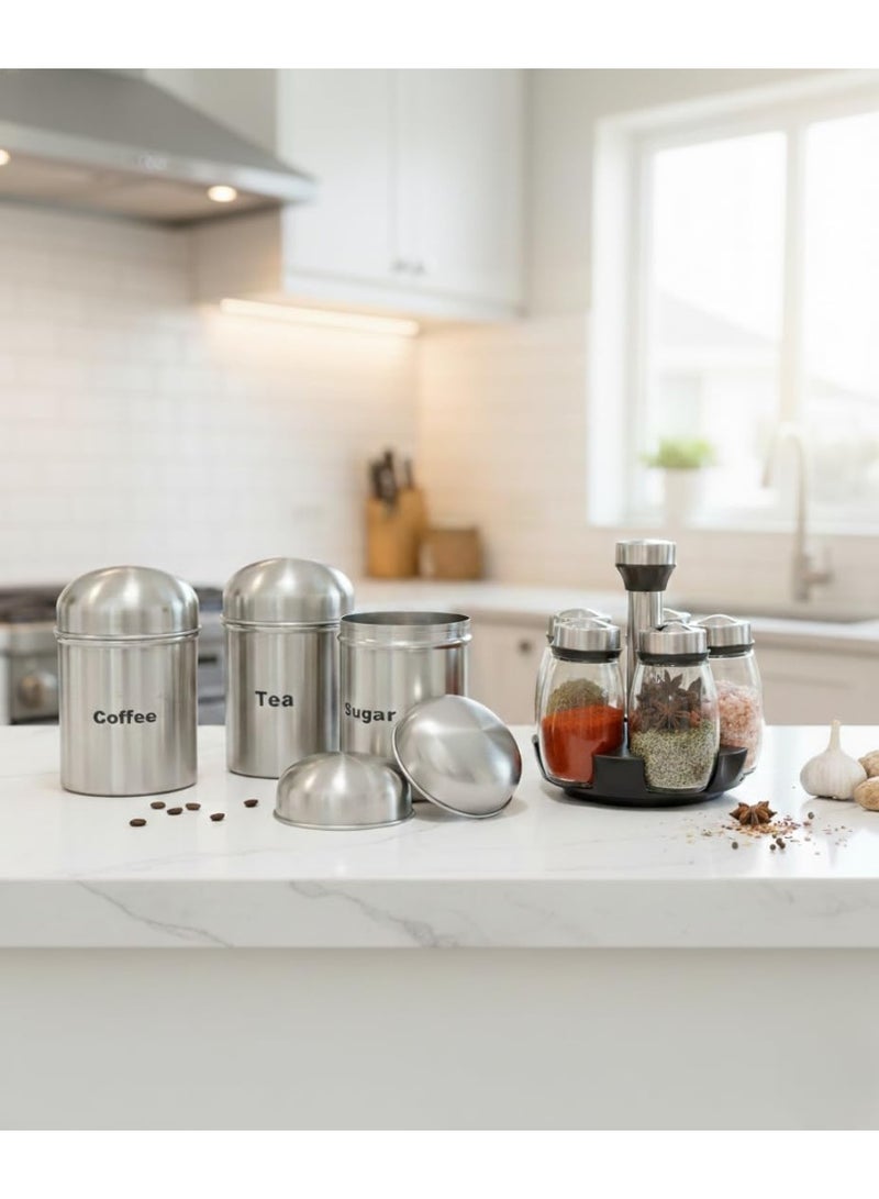 Premium Kitchen Organization Set – Stainless Steel Airtight Canister Set & Spices Jar Set with Revolving Spice Rack Organizer - Image 1